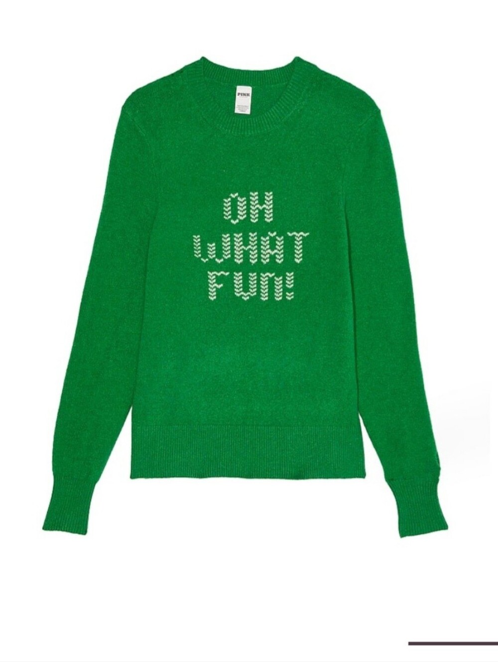 PINK Victoria's Secret Kelly Green Crewneck Sweater with "Oh What Fun" Text - Picture 7 of 7